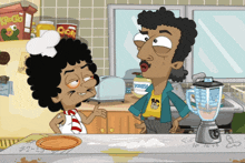 a cartoon of a man talking to another man with a blender in front of him