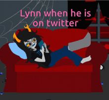 a cartoon of a troll laying on a red couch with the words lynn when he is on twitter
