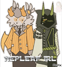 a couple of cartoon characters standing next to each other with the words nepleaf irl on the bottom right