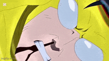 a close up of a cartoon character 's mouth with a pink mouth and a yellow background .