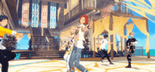 a group of anime characters are dancing in front of a large building .