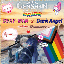 a poster for genshin impact shows a man and a woman holding a rainbow flag