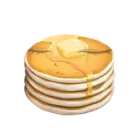 a stack of pancakes with syrup and butter on a white background