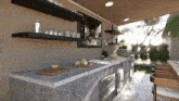 a rendering of a kitchen with a cutting board on the counter top