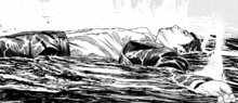 a black and white drawing of a man laying in a body of water