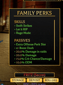 a screenshot of a game that says family perks on it