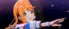 a cartoon girl with orange hair and green eyes is dancing on a stage .