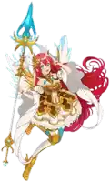 a girl with red hair is holding a spear with wings