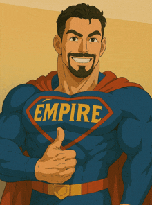 a man in a superman costume with the word empire on his chest giving a thumbs up