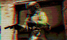a man in a gas mask is holding a gun