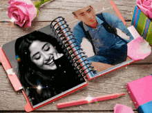 a spiral notebook with a picture of a girl and a picture of a man