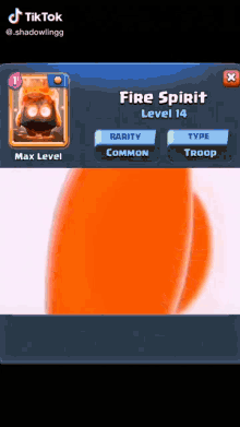 a screenshot of a clash of clans game showing a card called fire spirit