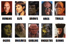 a collage of faces with the words humans elfs drows orcs trolls and ogers