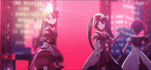 a group of anime characters are standing in front of a red background