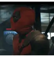 a close up of a hairless cat with a man in a deadpool costume behind it