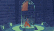 a cartoon character is sitting inside of a glass dome on a table .