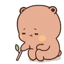 a cartoon teddy bear is sitting down holding a small plant .