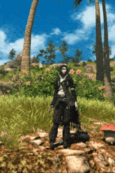 a person standing in a field with palm trees