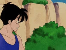 a cartoon character in a blue tank top is standing in front of a cliff
