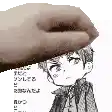 a hand is holding a boy 's head in a pixel art .