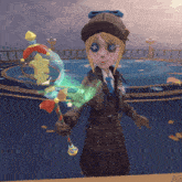 a girl in a plaid coat and hat holds a wand with a star on it