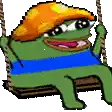 a pixel art of a frog sitting on a swing with a hat on .