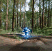 sonic the hedgehog is running through the woods in a blurry photo