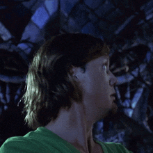 a man with a beard and a green shirt is making a surprised face