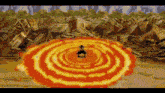 a man is standing in a circle of fire surrounded by a pile of money .