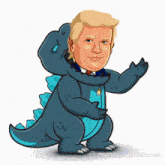 a cartoon of donald trump dressed as a dinosaur with a gold chain around his neck