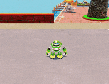a cartoon character riding a bike down a road