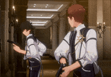 a man in a white shirt is holding a gun in a hallway