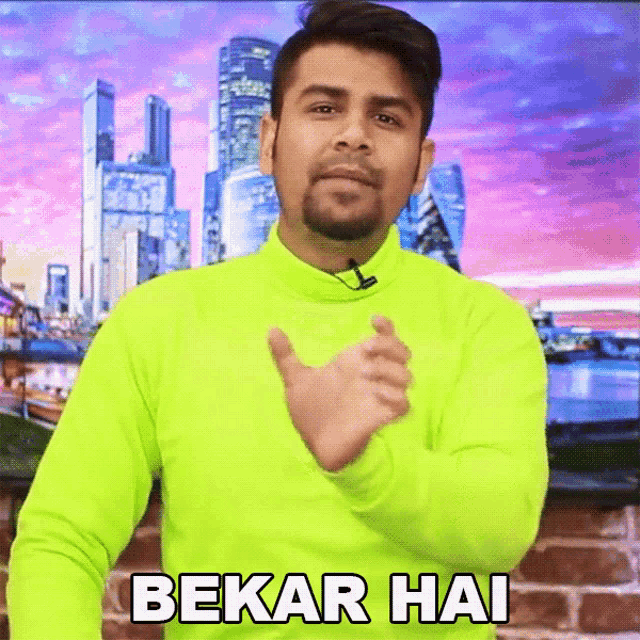 a man in a neon green sweater is giving a thumbs up and says 