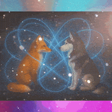 a fox and a husky are looking at each other in a painting