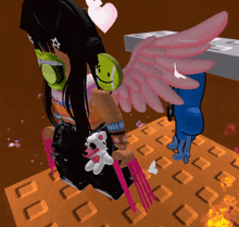 a girl with pink wings is holding a teddy bear in her hand