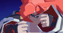 a cartoon drawing of a man with red hair and glasses with the letter k on his head