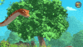 a cartoon of a snake eating a tree with a ball in the background that says ' power up '