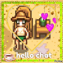 a pixel art greeting card that says hello chat with a girl in a hat