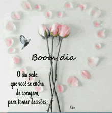 a bunch of pink flowers with the words boom dia written on it