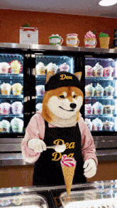 a dog wearing an apron that says dea dea