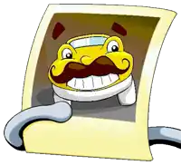 a cartoon car with a mustache is holding a piece of paper with a picture of it on it .
