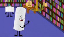 a cartoon character standing in front of a bookshelf