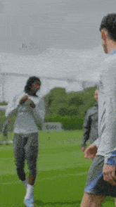 a group of soccer players are standing on a soccer field .