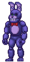 a pixel art of bonnie the bunny from five nights at freddy 's with green eyes and a red bow tie .