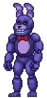 a pixel art of bonnie the bunny from five nights at freddy 's with green eyes and a red bow tie .