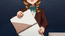 a girl in a suit is holding two pieces of paper