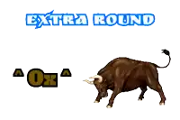 a bull is standing in front of a white background that says extra round