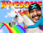 a man is riding on the back of a unicorn with the word awesome written above him