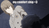 a man in a suit and tie stands next to another man with the words " my comfort ship < 3 " on the bottom