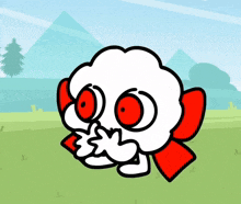 a cartoon character with red eyes and a red bow